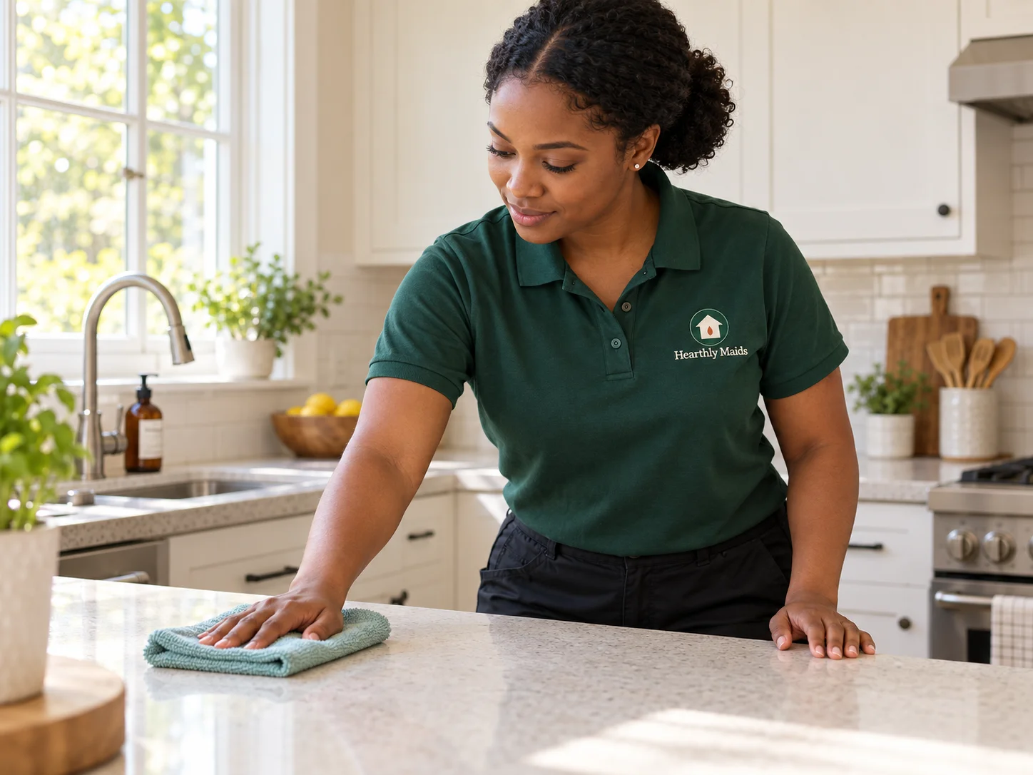 Illustrative image of a woman in a Hearthly Maids uniform wiping a kitchen counter.